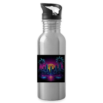 Retro City Neon Color Geschenk Gaming Retro World - Trinkflasche mit integriertem Trinkhalm - Lightsilver - Rechts