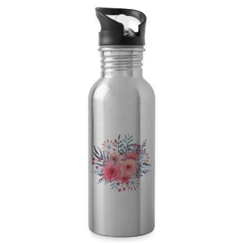 Floral pink bouquet - Rose flowers watercolor - Water bottle with straw - silver - Right