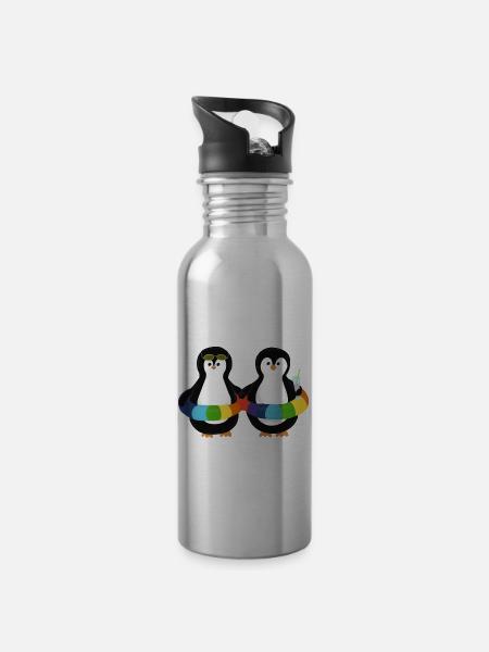 Pinguine im Schwimmring - Trinkflasche mit integriertem Trinkhalm -