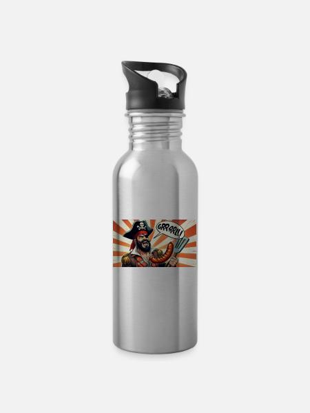 Pirat mit Wurstgrill - Trinkflasche mit integriertem Trinkhalm - Lightsilver