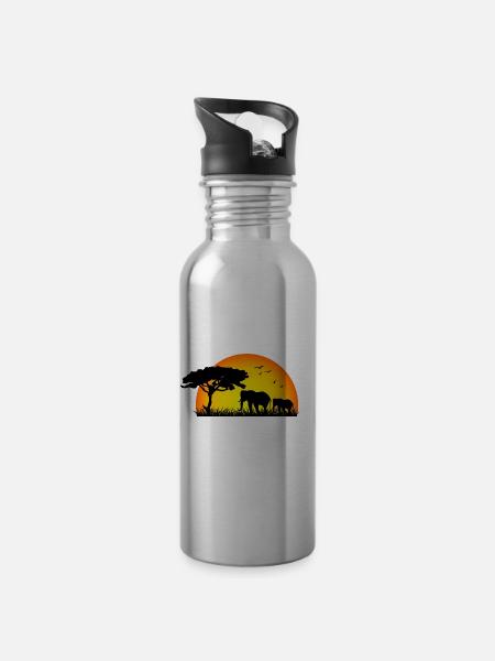 Elephants in the sunset, Africa Naturecontest - Water bottle with straw - silver