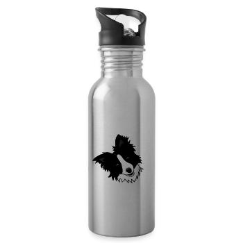 Dog, collie, black white, cute, cartoon - Water bottle with straw - silver - Right