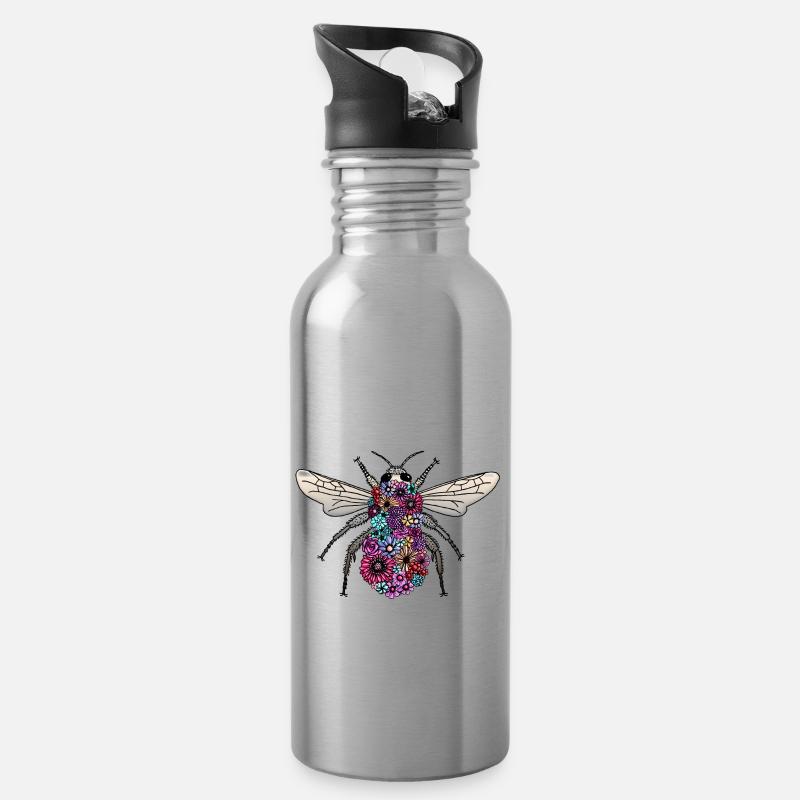 Blumenhummel Design - Hummel aus bunten Blumen - Trinkflasche mit integriertem Trinkhalm - Lightsilver