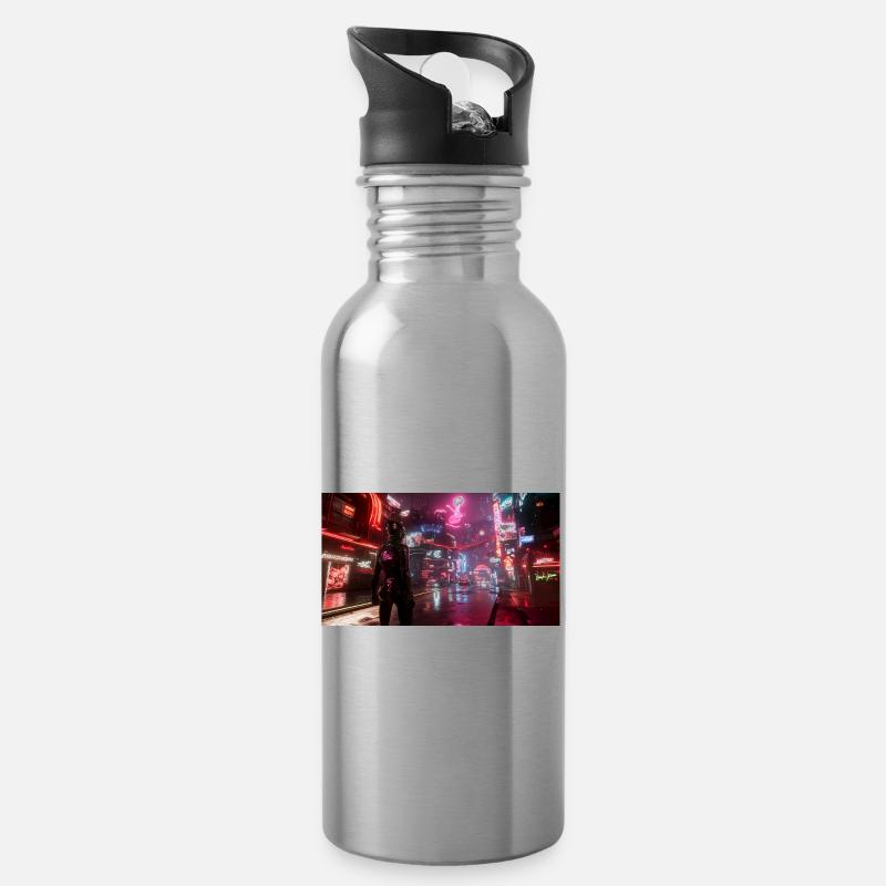 Cyberpunk Stadt3 - Trinkflasche mit integriertem Trinkhalm - Lightsilver