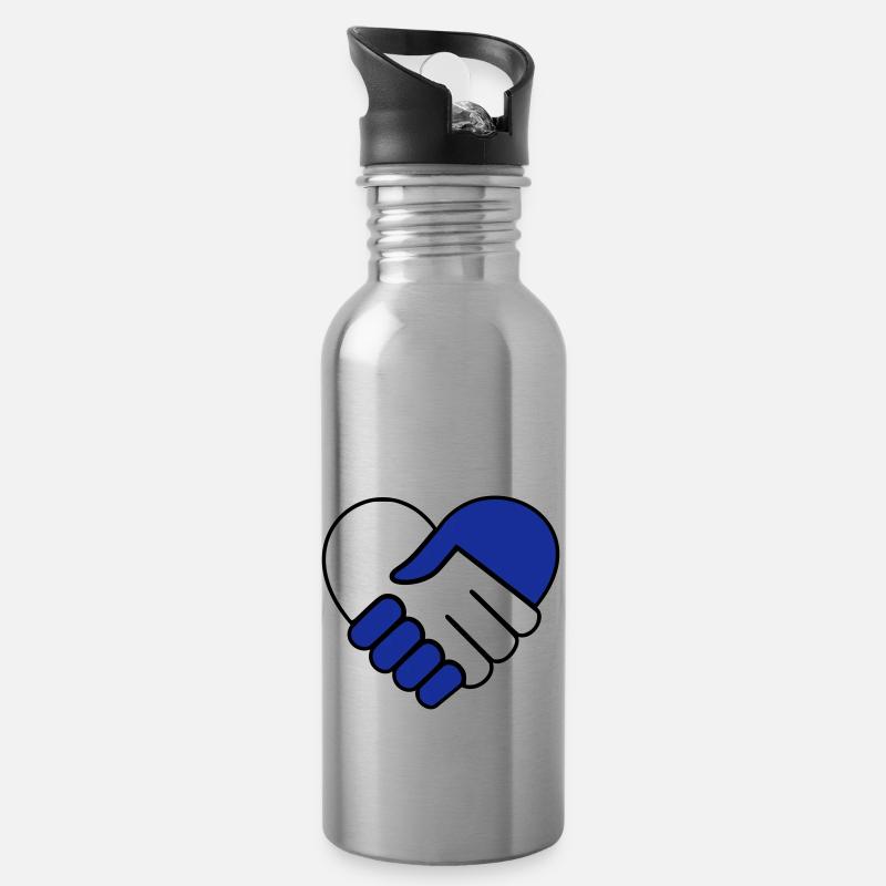 Hand in Hand Herz blau-farblos - Trinkflasche mit integriertem Trinkhalm - Lightsilver