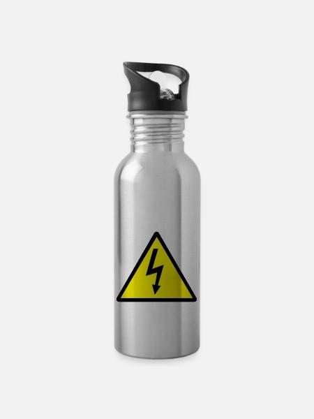 Attention,Symbol,Lightning,Electricity - Water bottle with straw - silver