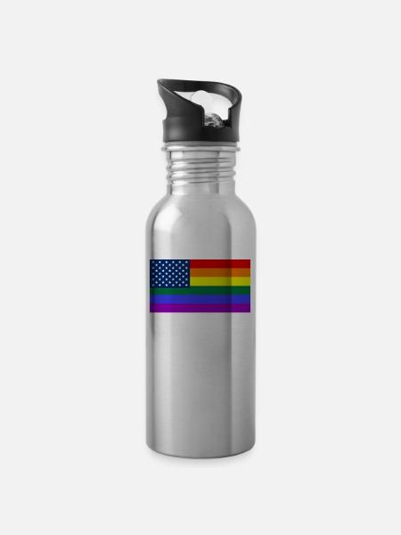 Regenbogen, LGBT, Gay Pride, US LGBT Flag - Water bottle with straw - silver