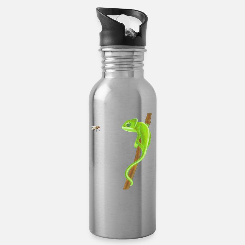 Chameleon and fly - Water bottle with straw - silver