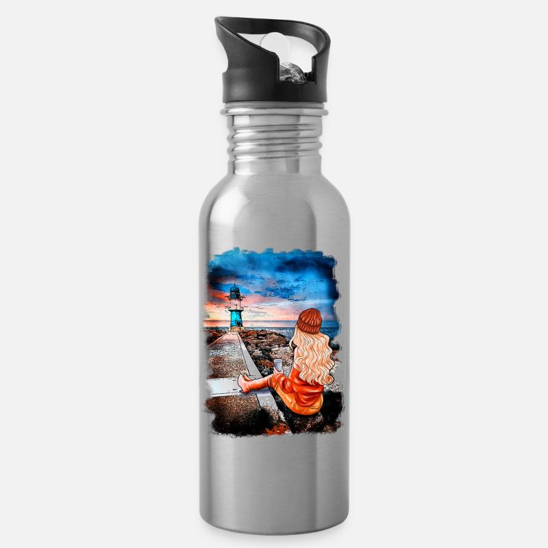 Leuchtturm Warnemünde Illustration Blondine - Trinkflasche mit integriertem Trinkhalm - Lightsilver