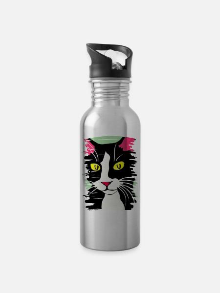 Cat Face 2 - Water bottle with straw - silver