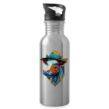 Bunte Kuh mit Hut Lustige Kühe Farmer Bauer - Trinkflasche mit integriertem Trinkhalm - Lightsilver - Rechts