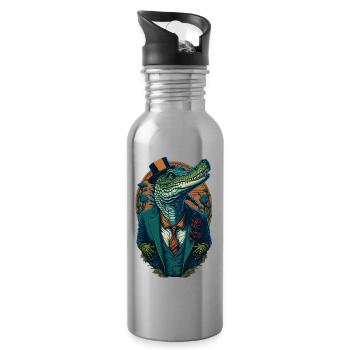 Krokodil mit Hut und Anzug Lustic Comic Style - Trinkflasche mit integriertem Trinkhalm - Lightsilver - Rechts