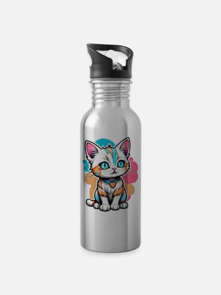 Kawaii Watercolor Cat - Water bottle with straw - silver