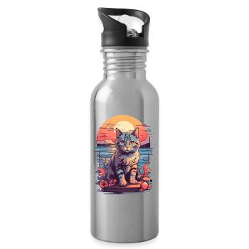 Katzen Motiv Süß, Sonnenuntergangskatze am Meer - Trinkflasche mit integriertem Trinkhalm - Lightsilver - Rechts