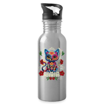 Dia De los Muertos Meowtos Cat Colorful Flowers - Water bottle with straw - silver - Right