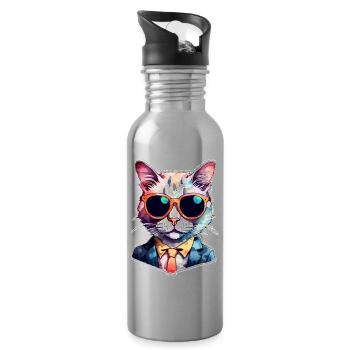Cat Bezel - Cute Watercolor - Water bottle with straw - silver - Right