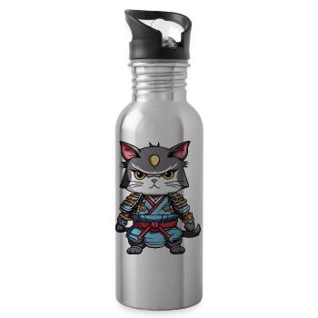 Samurai Cat #14 - Water bottle with straw - silver - Right