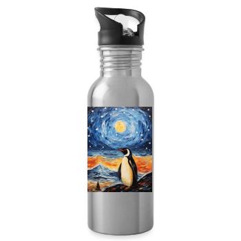 penguin, van gogh, starry night, animal, bird - Water bottle with straw - silver - Right