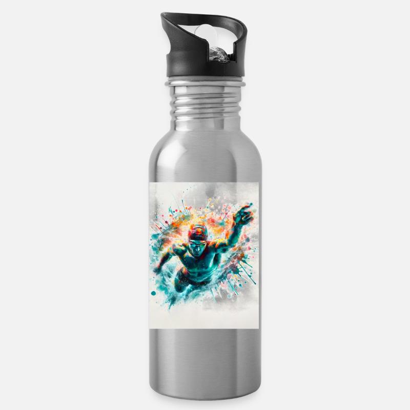 Aquarell-Schwimmer - Trinkflasche mit integriertem Trinkhalm - Lightsilver