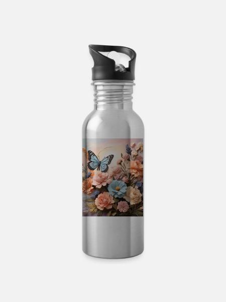 Flower Wings - Water bottle with straw - silver