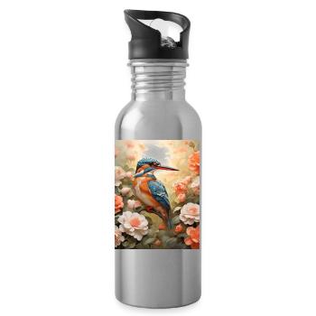 Kingfisher in a sea of flowers - Water bottle with straw - silver - Right