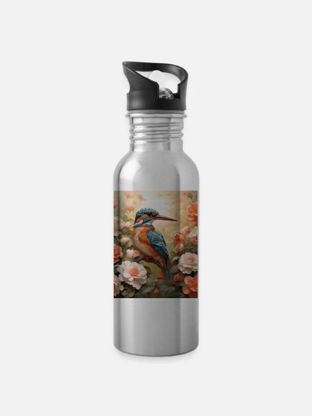 Kingfisher in a sea of flowers - Water bottle with straw - silver