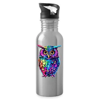 Cute Owl Kawaii Mascot - Water bottle with straw - silver - Right