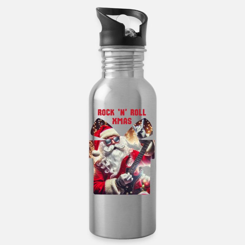 Rock n Roll Xmas - Weihnachtsmann Rocker - Trinkflasche mit integriertem Trinkhalm - Lightsilver