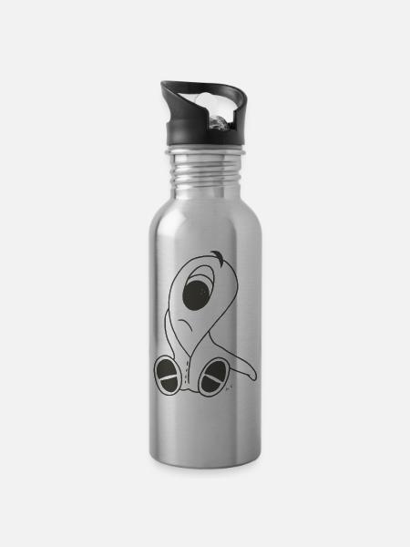 Sad Baby Alien on Transparent Background - Water bottle with straw - silver