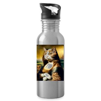 Meow Lisa Lustige Katze Parodie auf die Mona Lisa - Trinkflasche mit integriertem Trinkhalm - Lightsilver - Rechts