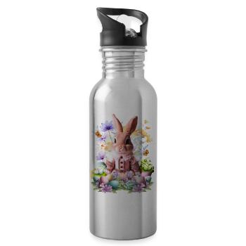 Pink pastel bunny in a sea of flowers - Water bottle with straw - silver - Right