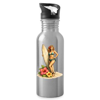 Surfer with board and hibiscus flowers - Water bottle with straw - silver - Right