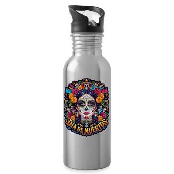Tête de mort mexicaine sugar skull crâne fleurs - Gourde avec paille intégrée - argent clair - Droite