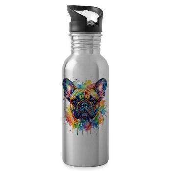 Colorful watercolor bulldog - Water bottle with straw - silver - Right