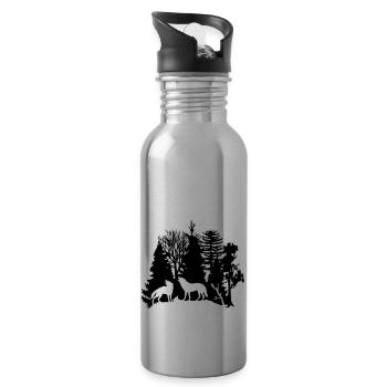 wolf pack wolves howling wild animal moon forest - Water bottle with straw - silver - Right