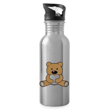 Cute kawaii teddy bear holding red heart showing love - Water bottle with straw - silver - Right