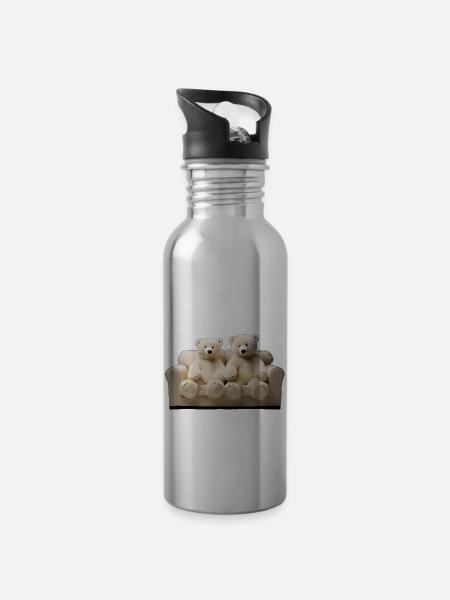 Zwei glückliche Eis-Teddybären auf dem Sofa - Trinkflasche mit integriertem Trinkhalm - Lightsilver