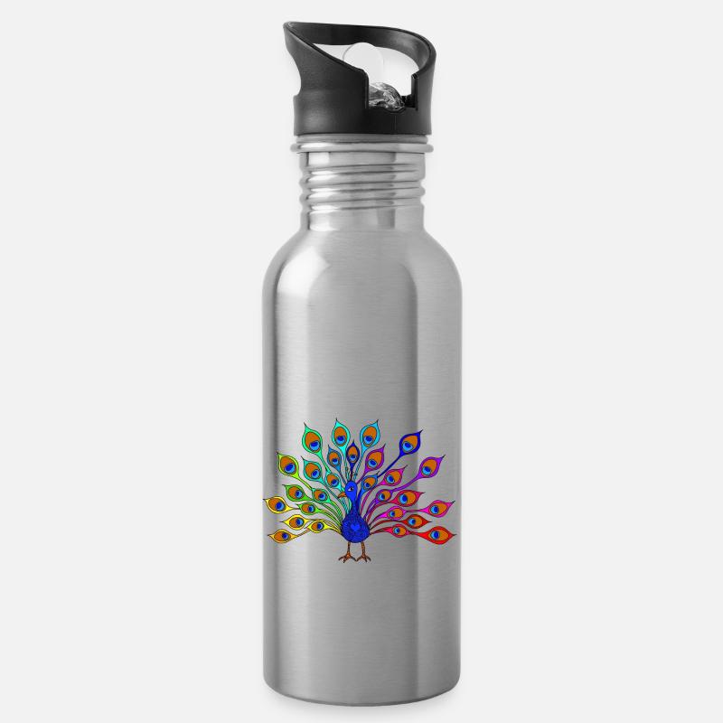 bunter Pfau - Trinkflasche mit integriertem Trinkhalm - Lightsilver