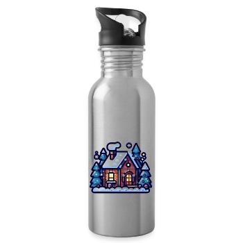 Cozy Winter Cabin: Festive Holiday Illustration - Water bottle with straw - silver - Right