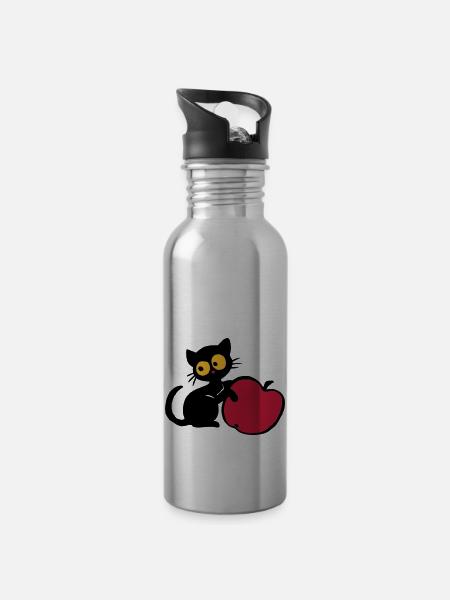 Kätzchen mit Apfel - Trinkflasche mit integriertem Trinkhalm - Lightsilver