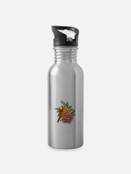 Bird in flowers, nature - Water bottle with straw - silver