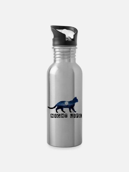 Katze - Nachtleben - Trinkflasche mit integriertem Trinkhalm - Lightsilver