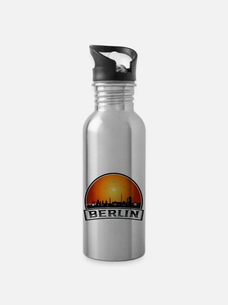 Berlin Berliner Skyline Retro Sun Schriftzug - Trinkflasche mit integriertem Trinkhalm - Lightsilver