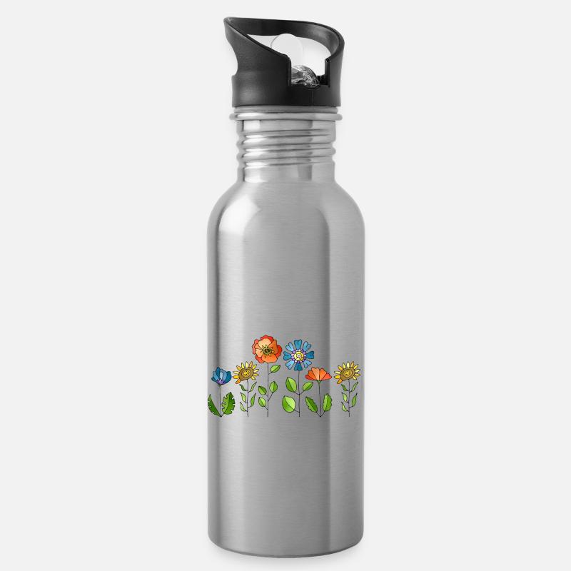 Blumen - Trinkflasche mit integriertem Trinkhalm - Lightsilver