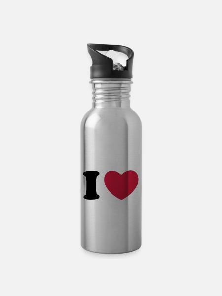 I love - I heart - I Herz - Trinkflasche mit integriertem Trinkhalm - Lightsilver