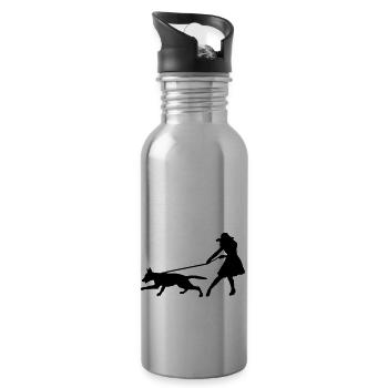 Hund zieht Frau 1 - Trinkflasche mit integriertem Trinkhalm - Lightsilver - Rechts