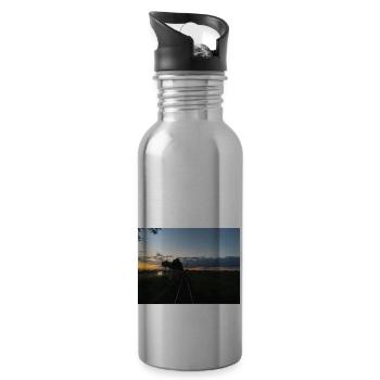 Eisenbahn fährt in den Sonnenuntergang - Trinkflasche mit integriertem Trinkhalm - Lightsilver - Rechts