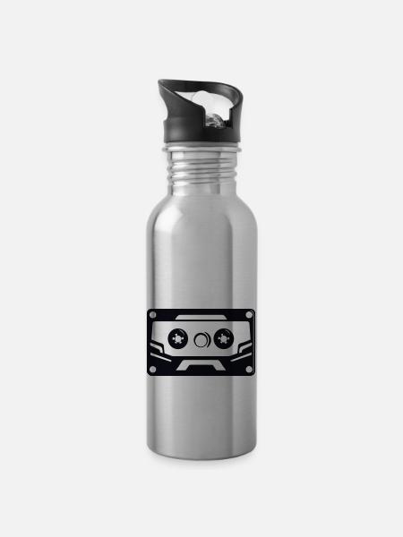 Retro Resonance: Vintage Cassette Tape Art - Water bottle with straw - silver