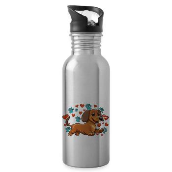 Fröhlicher Dackel Herz-Pfoten - Trinkflasche mit integriertem Trinkhalm - Lightsilver - Rechts