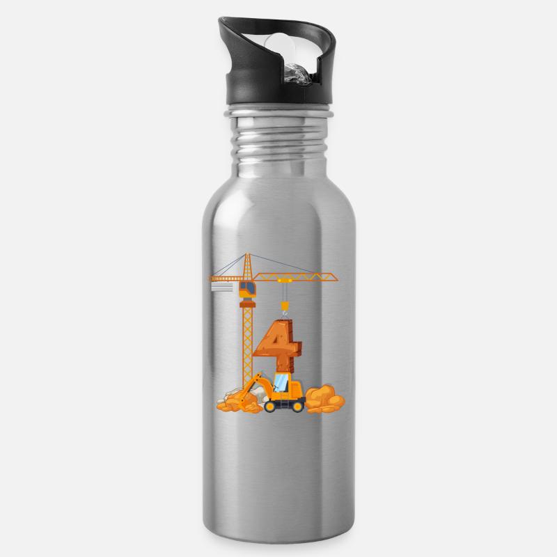 Bagger Geburtstagsgeschenk 4 Jahre Baustelle - Trinkflasche mit integriertem Trinkhalm - Lightsilver